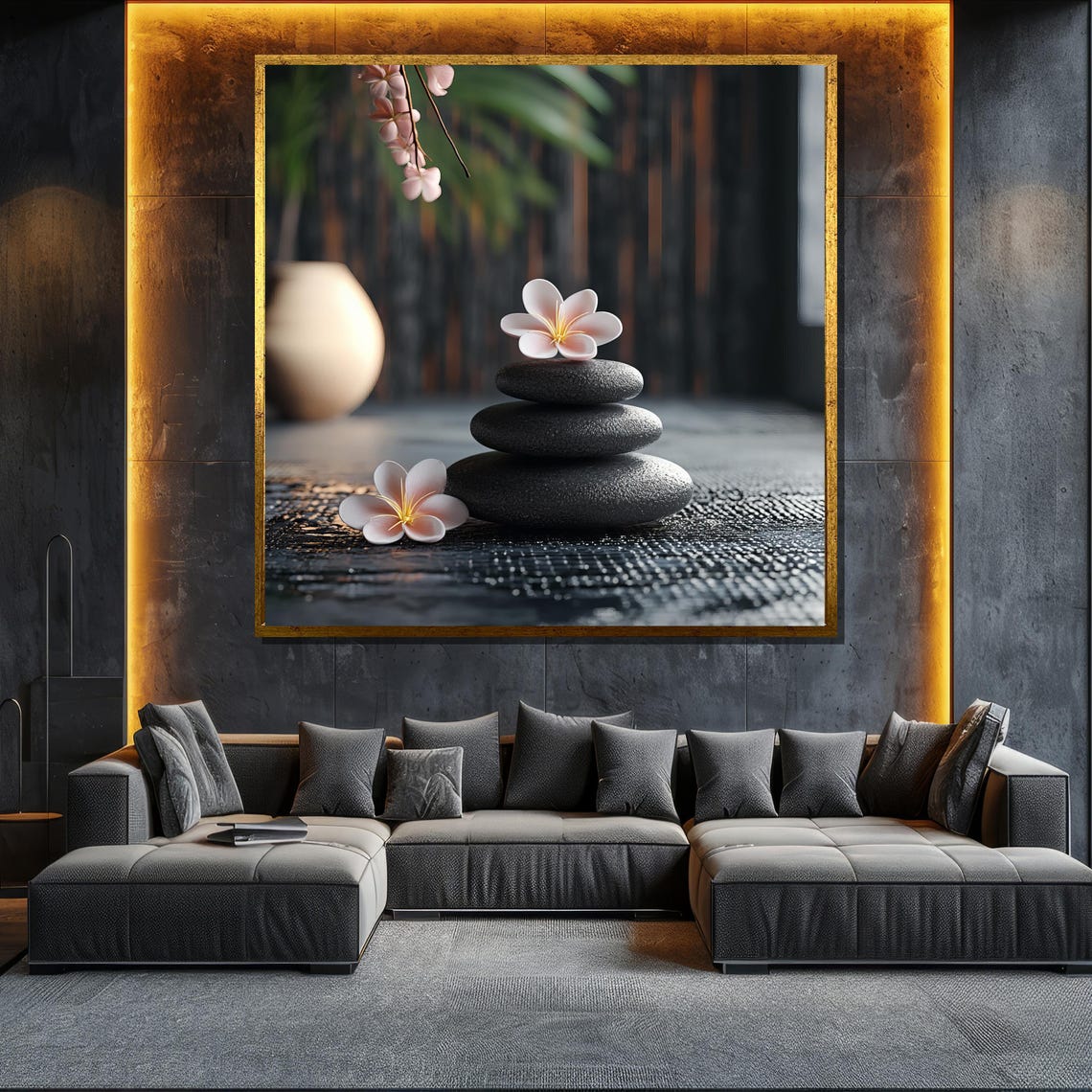 Zen Stone Stack Plumeria Flowers Dark Spa Minimalist Calm Art Poster