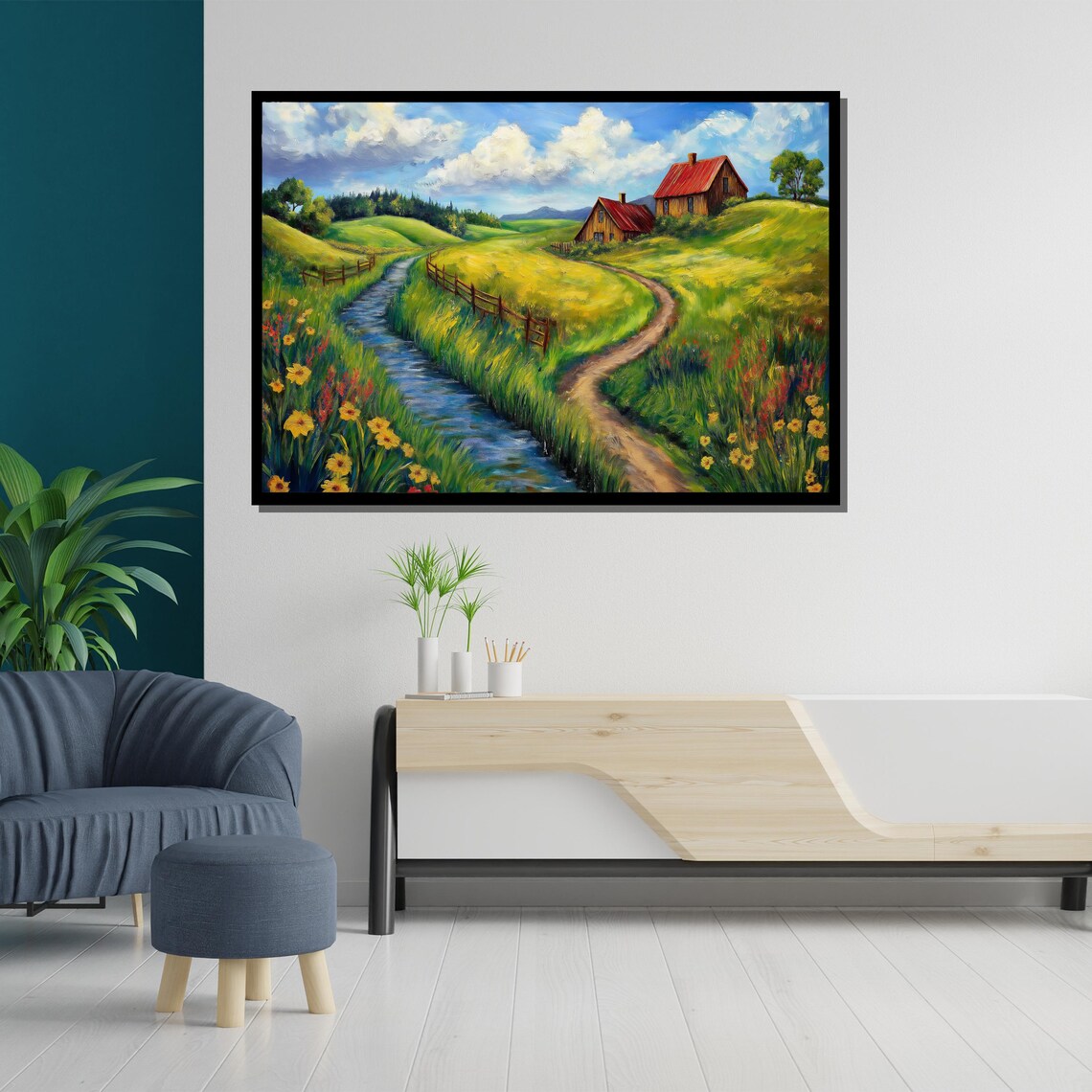 Countryside Farmhouse With Stream And Wildflowers Scenic Art Poster - Image 5