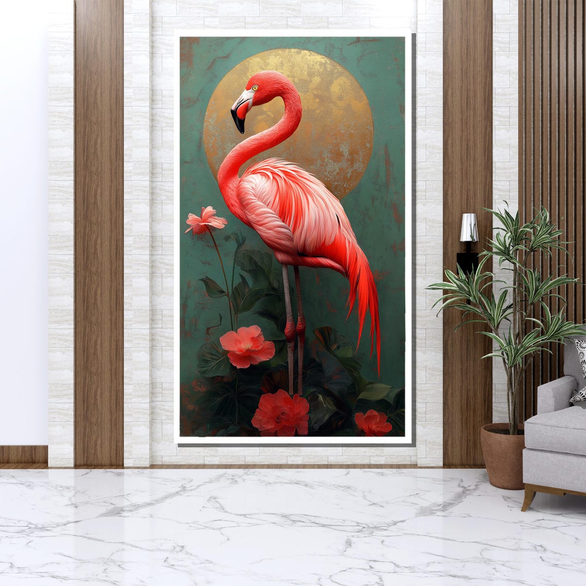 Flamingo Golden Moon Tropical Elegant Pink Bird Floral Wall Art - Image 3