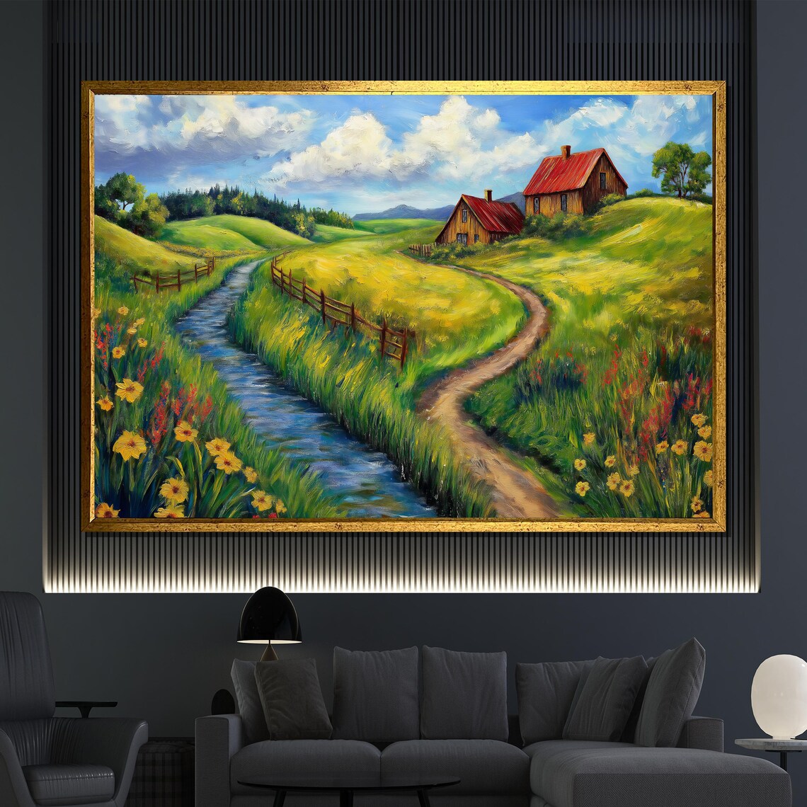 Countryside Farmhouse With Stream And Wildflowers Scenic Art Poster