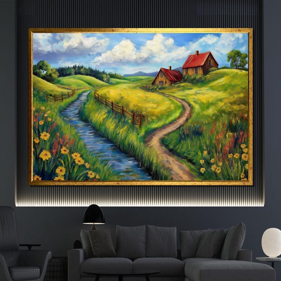 Countryside Landscape Painting Rustic Farmhouse Wall Art Scenic Nature Artwork Peaceful Home Decor Gift