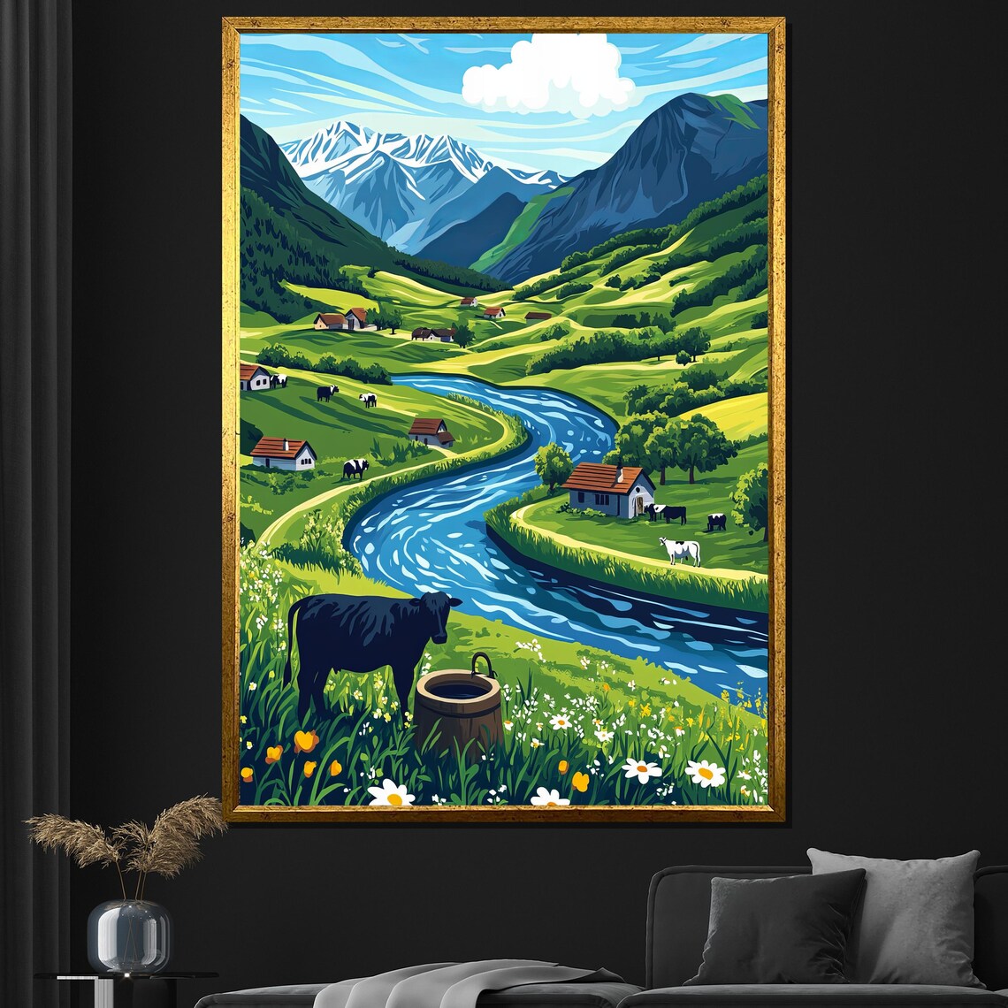 Alpine Valley River Farmhouses Cows Snowy Peaks Colorful Poster