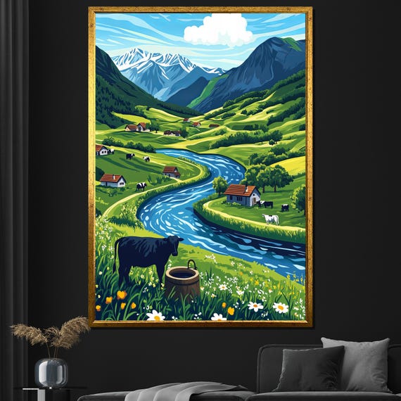Mountain Valley Landscape Painting Scenic Countryside Wall Art For Living Room Nature Gift Decor