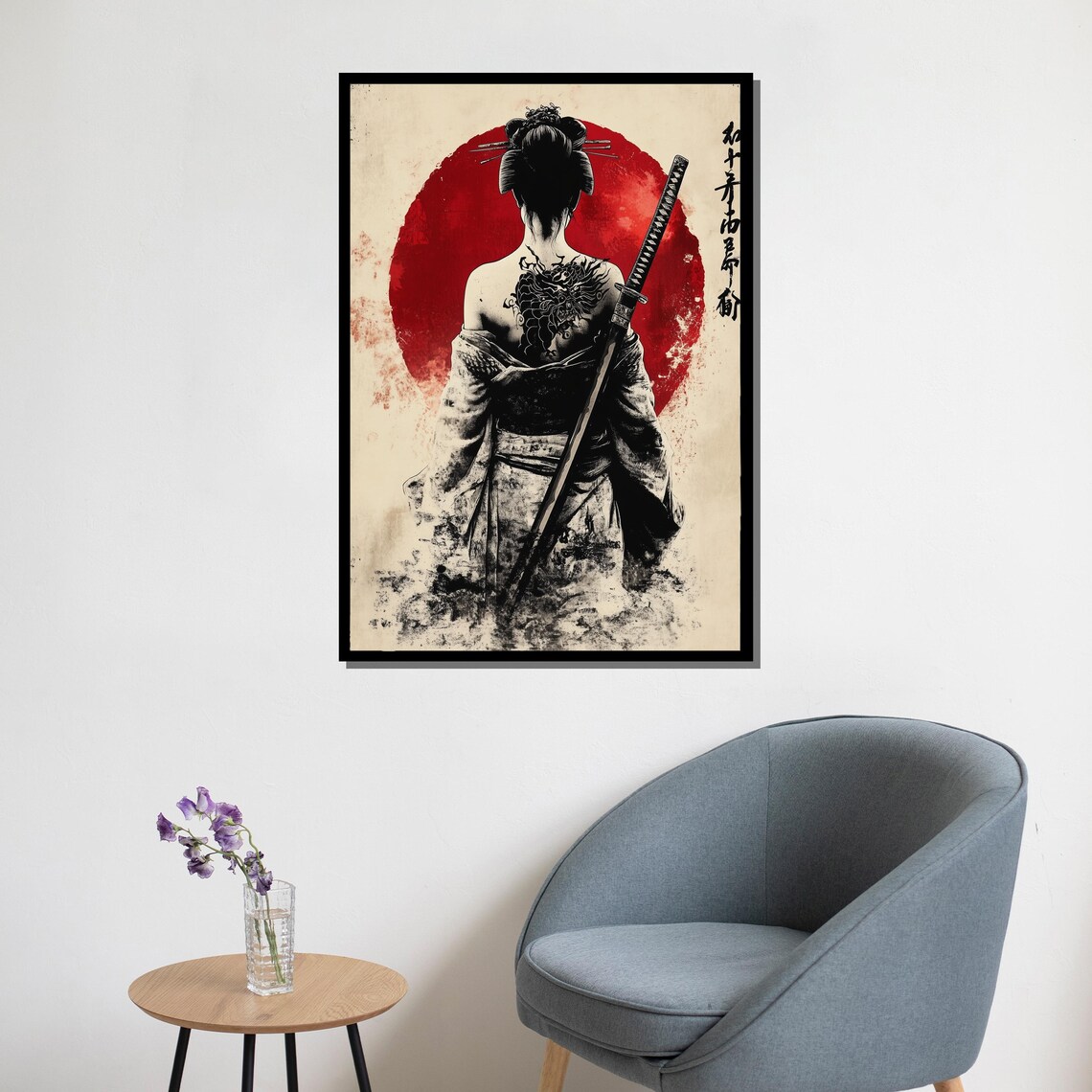 Samurai Woman Japanese Ink Art Red Sun Poster - Image 5