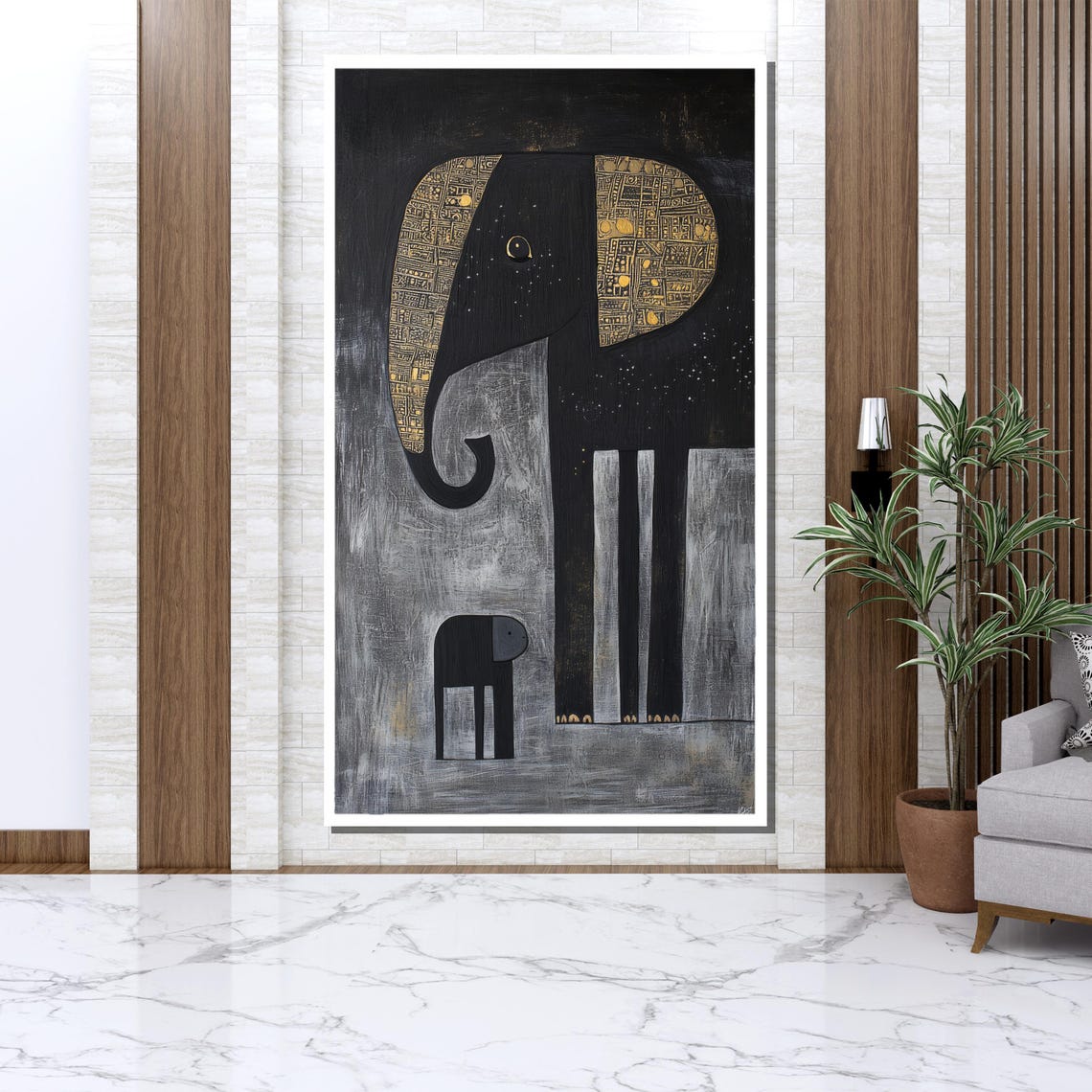 Abstract Elephant Mother And Calf Black Gold Minimalist Wall Poster - Image 3