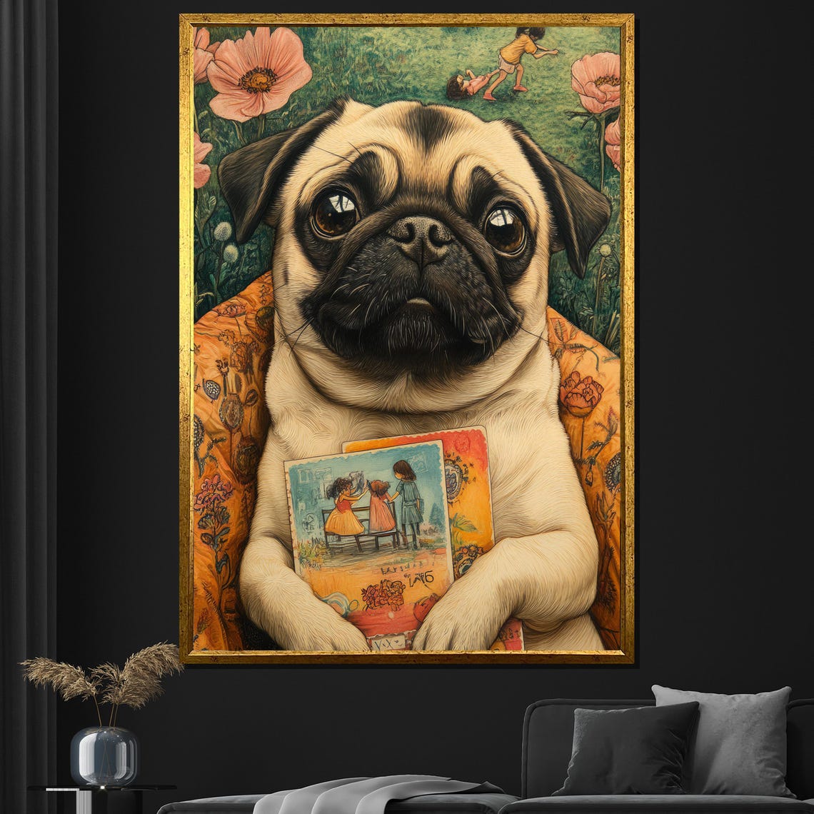Whimsical Pug Puppy Postcard Storybook Floral Dog Art Poster