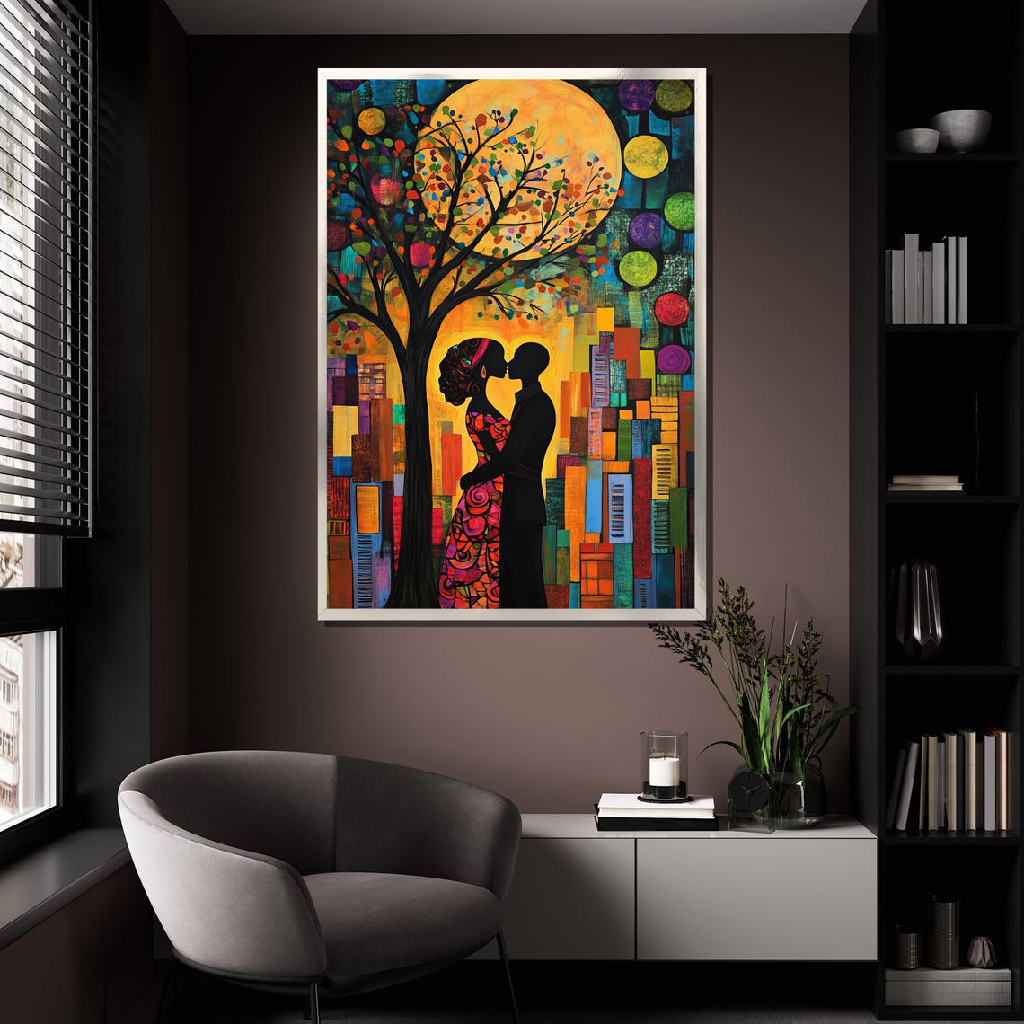 Colorful Abstract Couple Embrace Moon Tree Vibrant Mosaic Wall Poster - Image 4