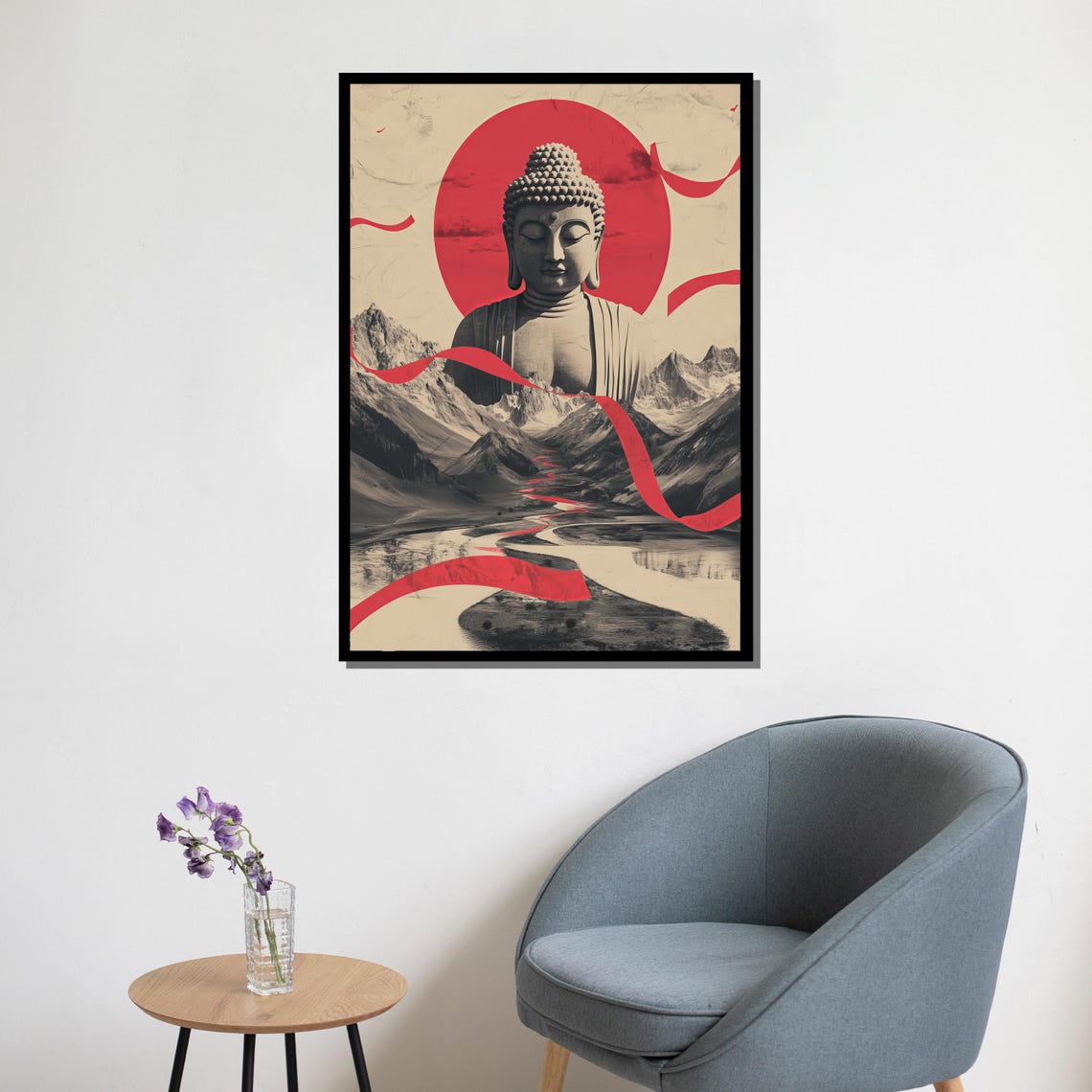 Japanese Buddha Red Sun Mountain Landscape Modern Zen Ink Style Poster - Image 5