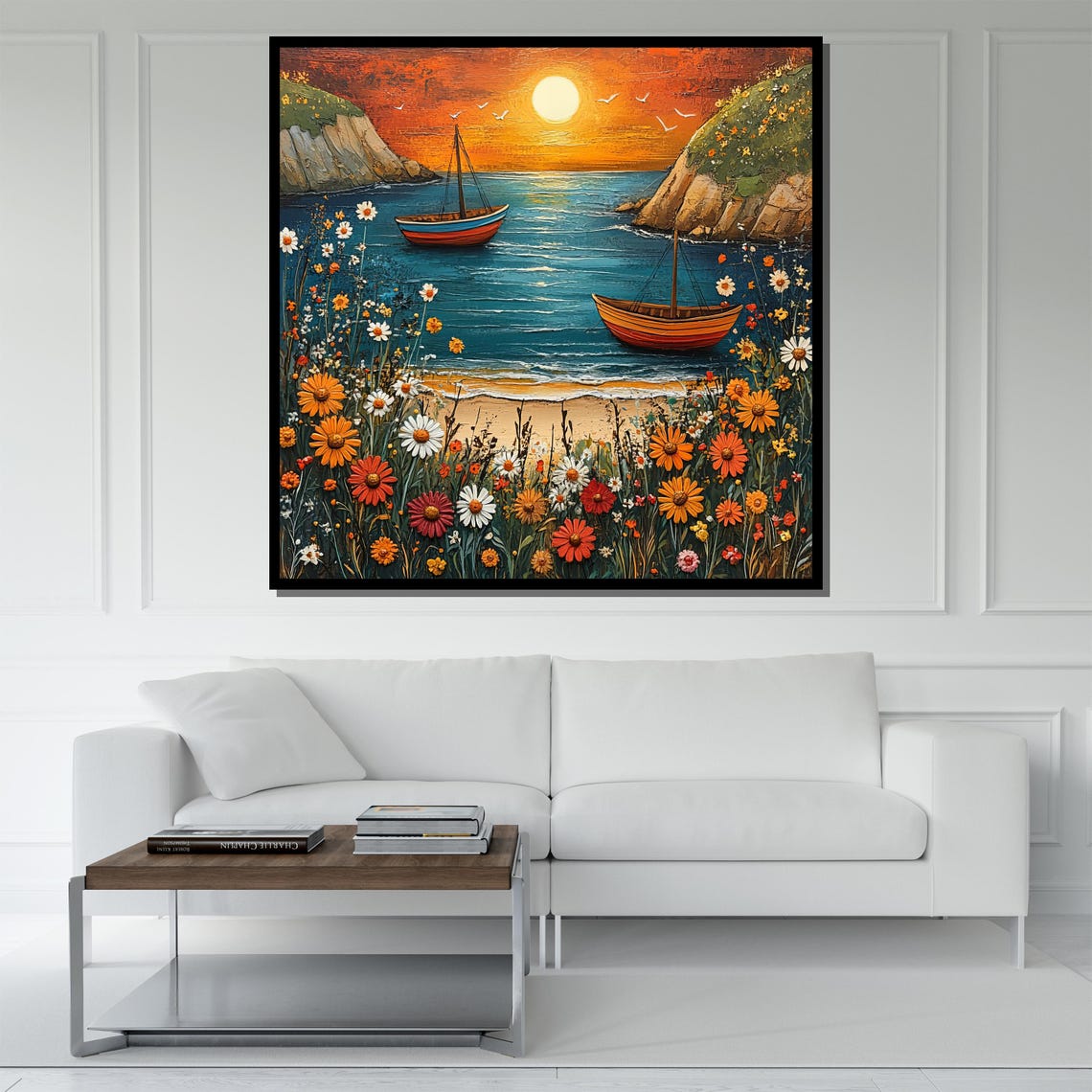 Sunset Cove Wooden Boats Wildflower Meadow Orange Sky Poster - Image 5