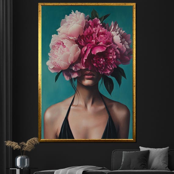 Woman With Pink Peonies Painting Bold Floral Wall Art Modern Home Decor Unique Artwork Gift For Her