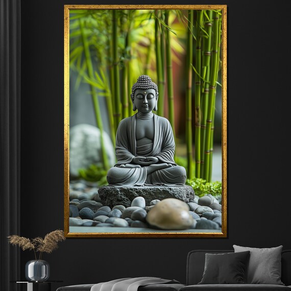 Buddha Statue Meditating In Bamboo Garden Zen Wall Art Poster