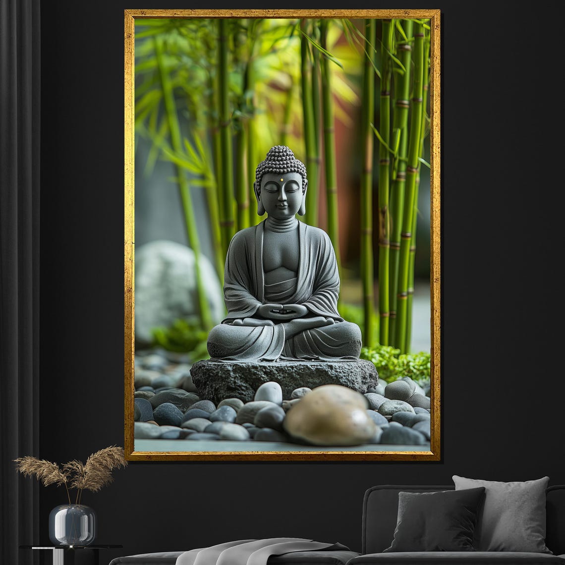 Buddha Statue Meditating In Bamboo Garden Zen Wall Art Poster