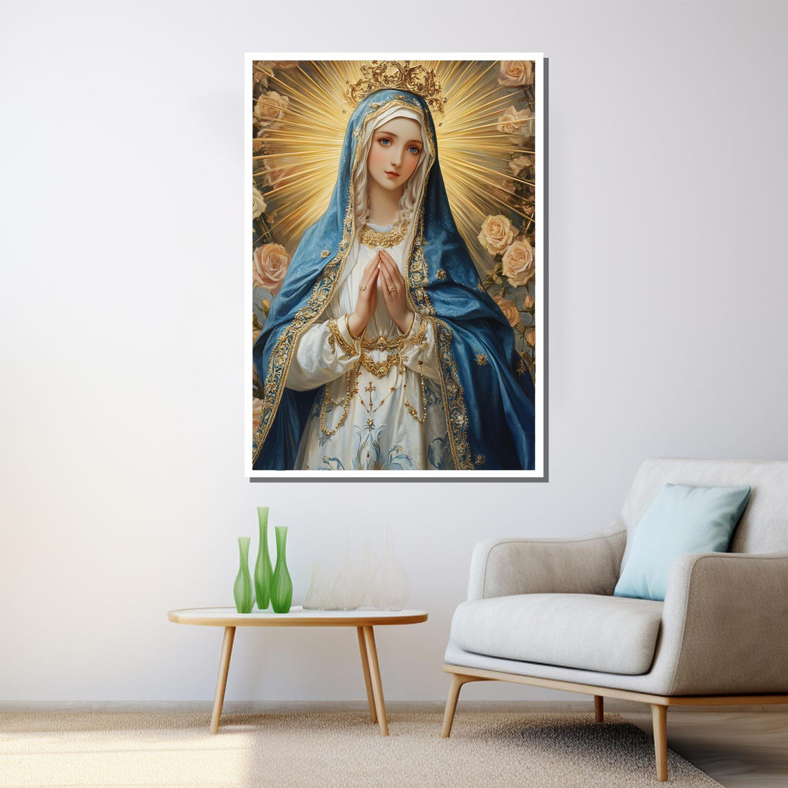 Virgin Mary Praying Blue Mantle Golden Halo Roses Catholic Art Poster - Image 3