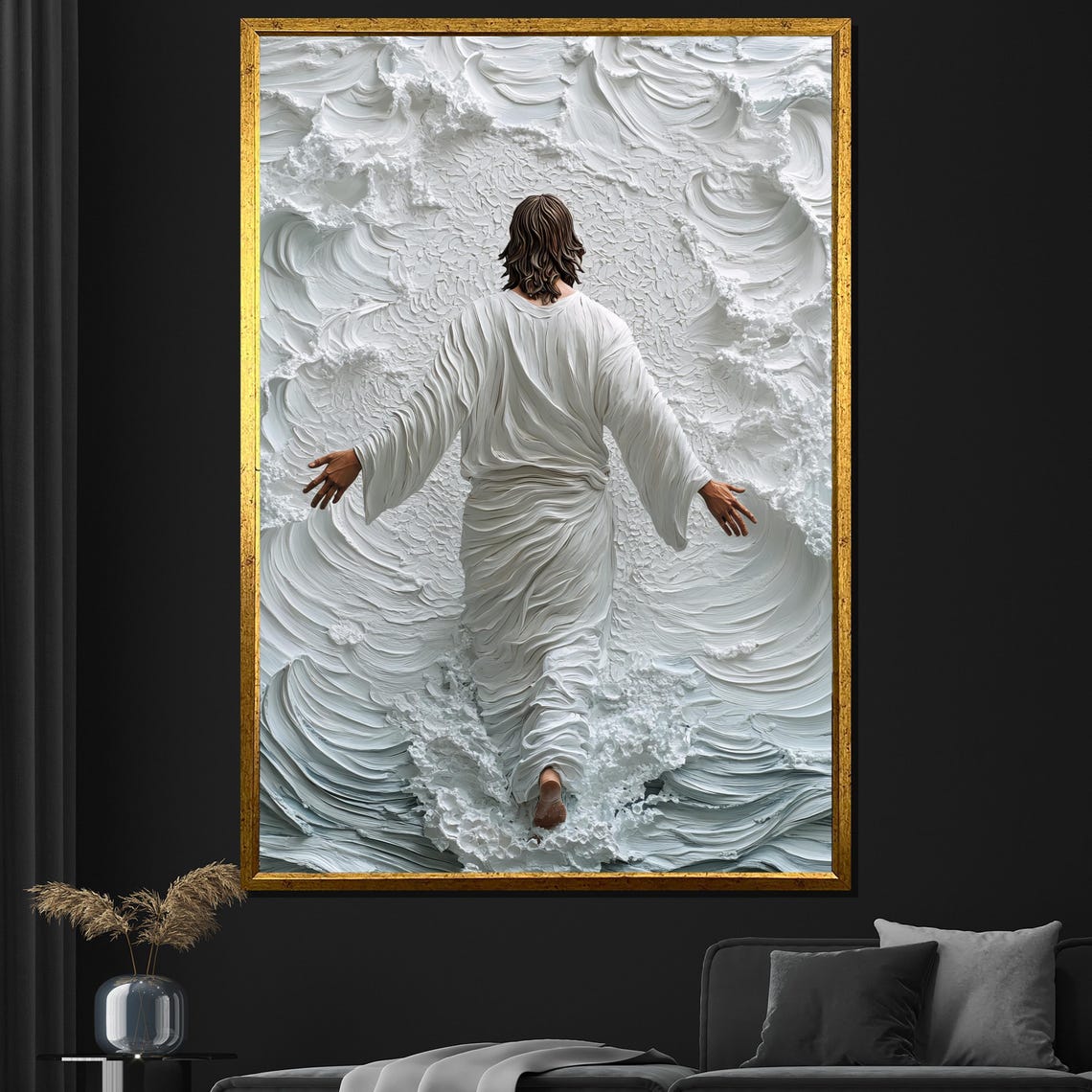 Jesus Walking On Textured White Ocean Waves Religious Poster