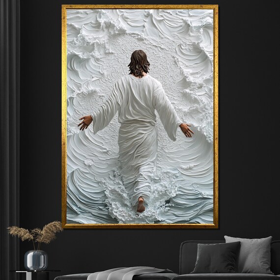 Jesus Walking On Textured White Ocean Waves Religious Poster