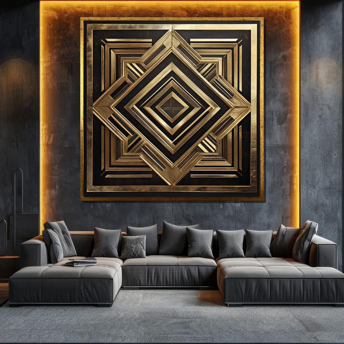 Golden Geometric Abstract Painting Modern Wall Art Unique Gift For Living Room Bold Home Decor Statement Piece