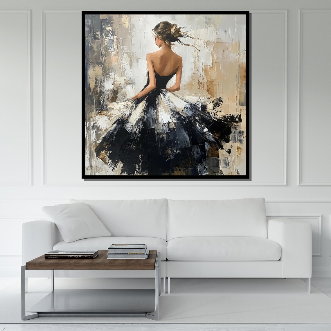 Black White Dress Dancing Woman Abstract Elegant Modern Canvas Wall Art - Image 5