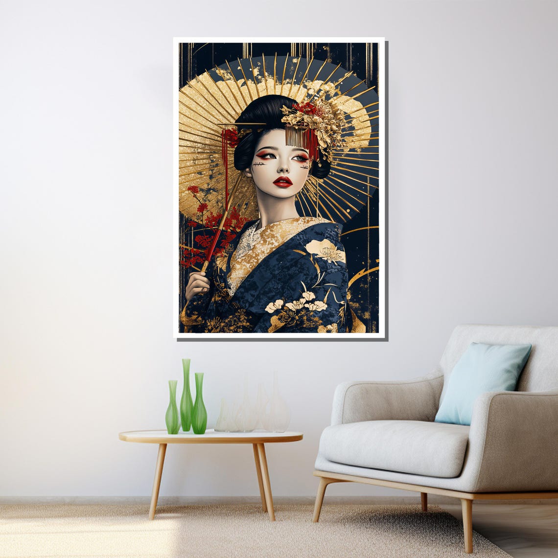 Luxury Geisha Gold Parasol Navy Blue Kimono Japanese Elegant Poster - Image 3