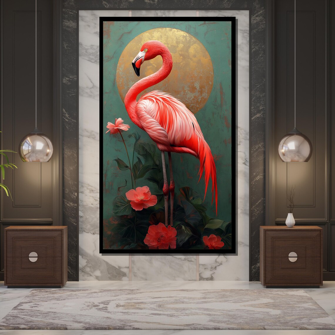 Flamingo Golden Moon Tropical Elegant Pink Bird Floral Wall Art - Image 5