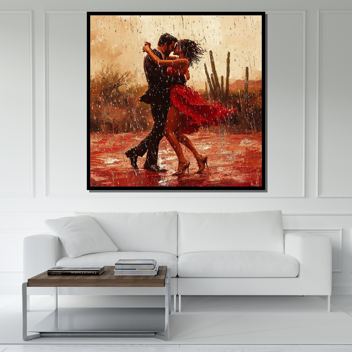 Romantic Couple Dancing In Rain Woman In Red Dress Textured Painting Poster - Image 5
