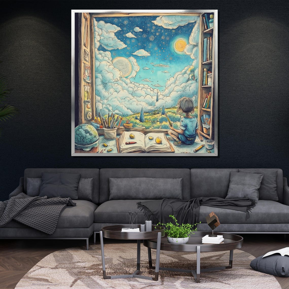 Child Gazing Out A Storybook Window At The Moonlit Night Sky Poster - Image 4