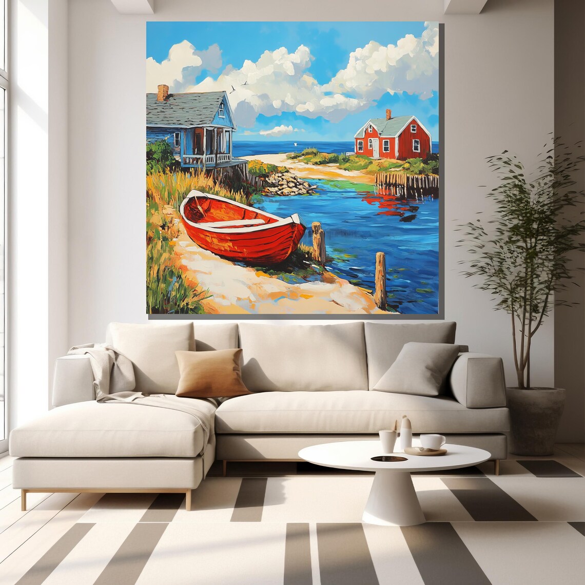 Rustic Coastal Painting Red Boat And Seaside Cottages Wall Art Nautical Landscape Gift For Home Decor - Image 2