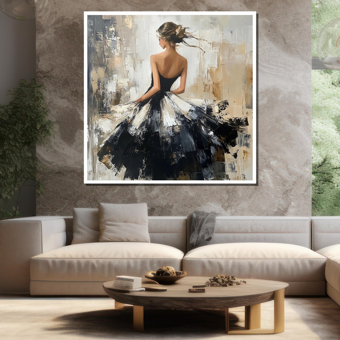 Black White Dress Dancing Woman Abstract Elegant Modern Canvas Wall Art - Image 3
