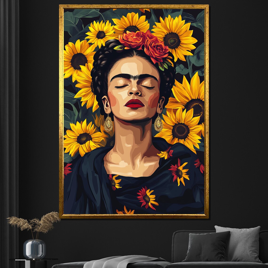 Frida Kahlo Sunflower Portrait Colorful Mexican Artist Floral Wall Art