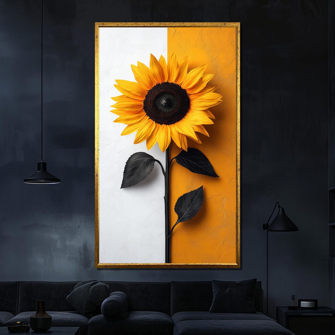 Sunflower On Split White And Yellow Background Modern Art Poster