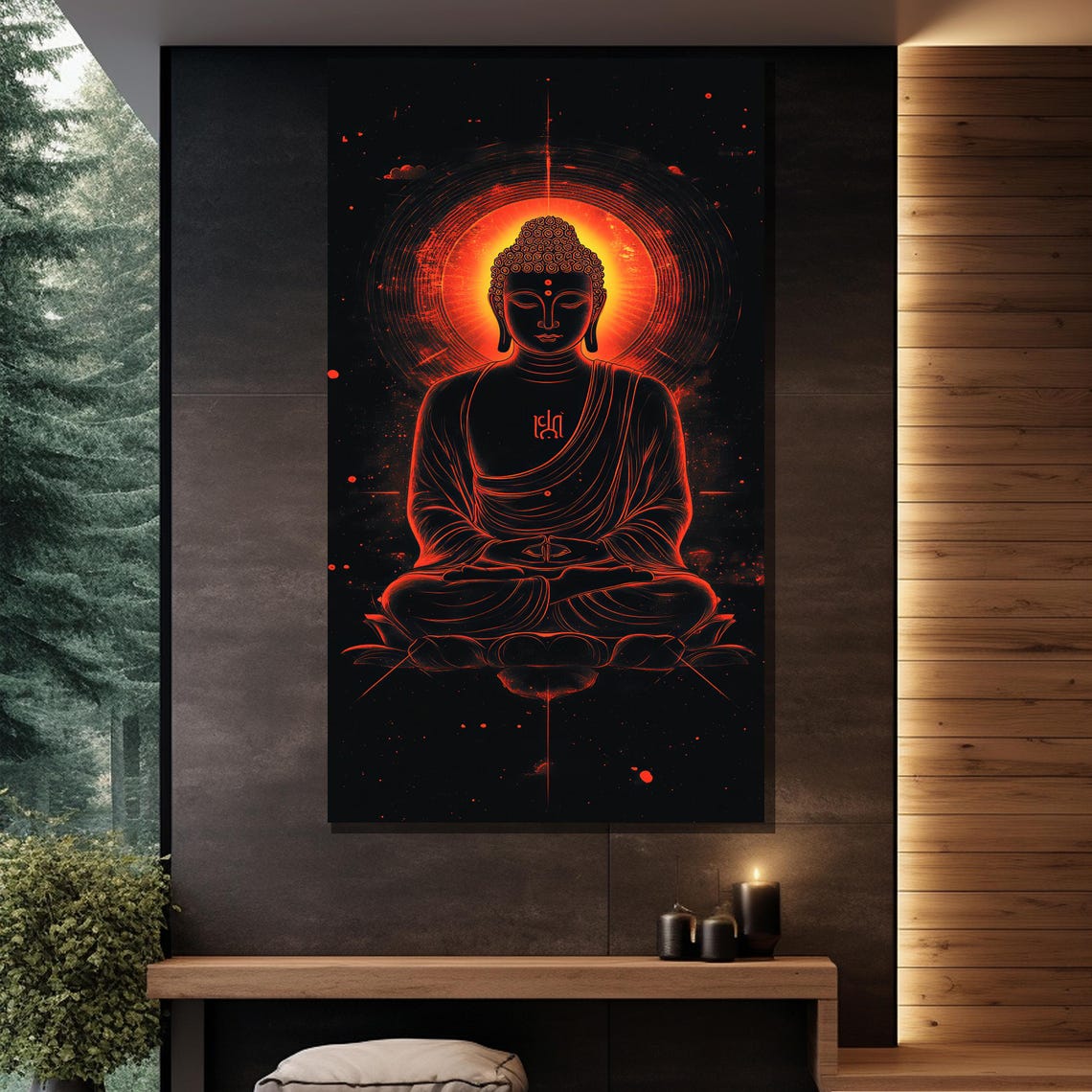 Glowing Red Neon Buddha Outline Halo Dramatic Modern Zen Art Poster - Image 2