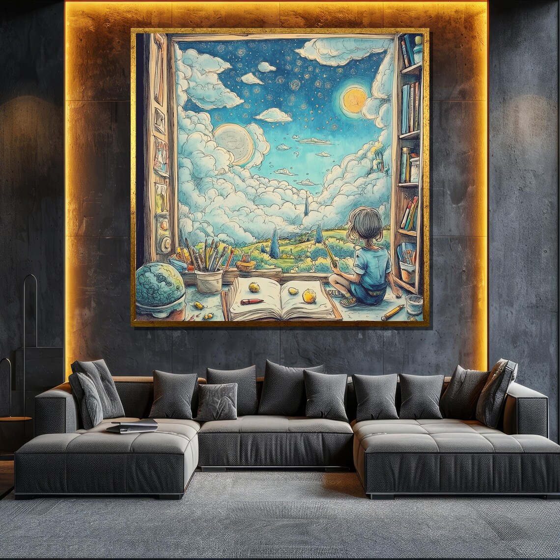 Child Gazing Out A Storybook Window At The Moonlit Night Sky Poster