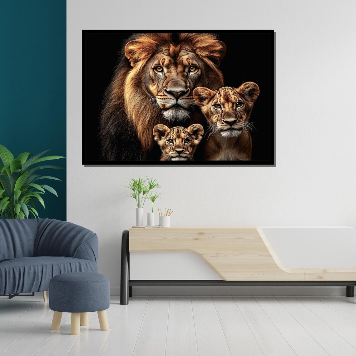 Lion Family Portrait Father Mother Cub Painting Wildlife Nature King Wall Art Poster - Image 5