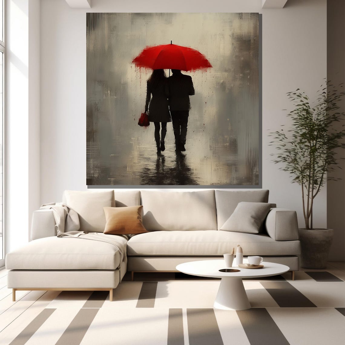 Romantic Couple Red Umbrella Rain Minimalist Modern Love Wall Poster - Image 2