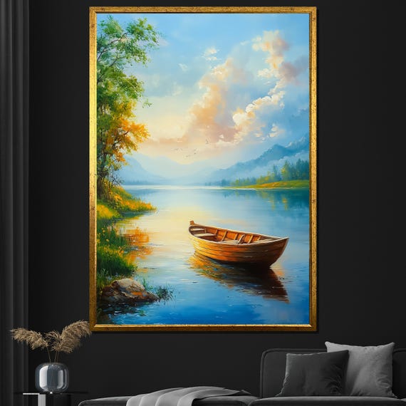 Serene Lake Sunset Painting Boat On Calm Waters Wall Art Nature Landscape Gift For Home Decor