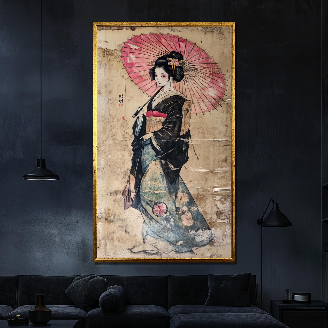 Vintage Geisha Pink Parasol Traditional Kimono Japanese Art Print