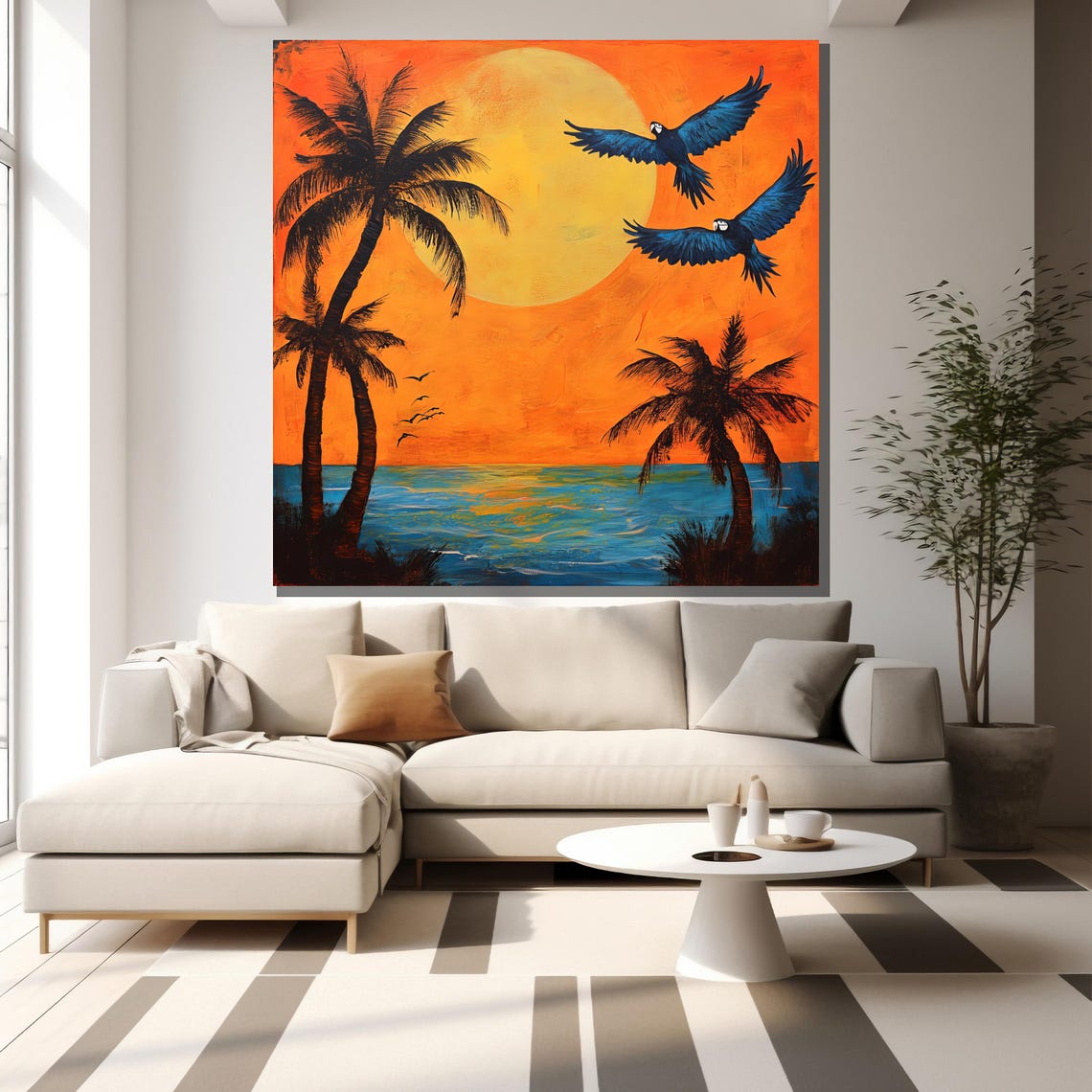 Tropical Sunset Beach Macaws Flying Palm Trees Ocean Wall Art - Image 2