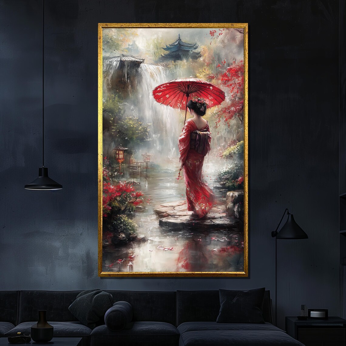 Geisha With Red Umbrella In Japanese Garden Waterfall Art Poster