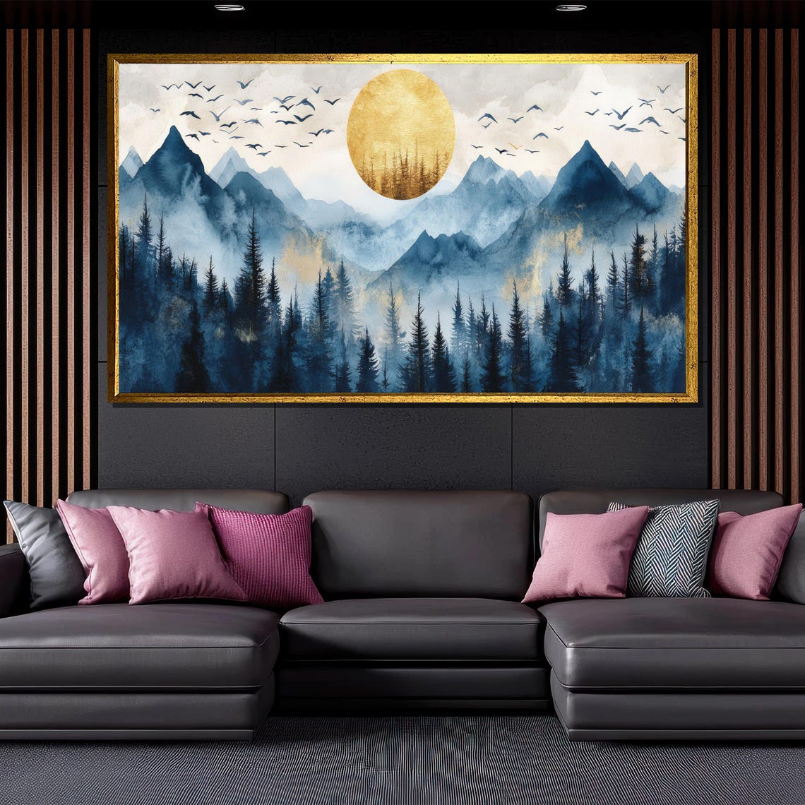 Golden Sun Blue Mountain Forest Watercolor Birds Landscape Poster