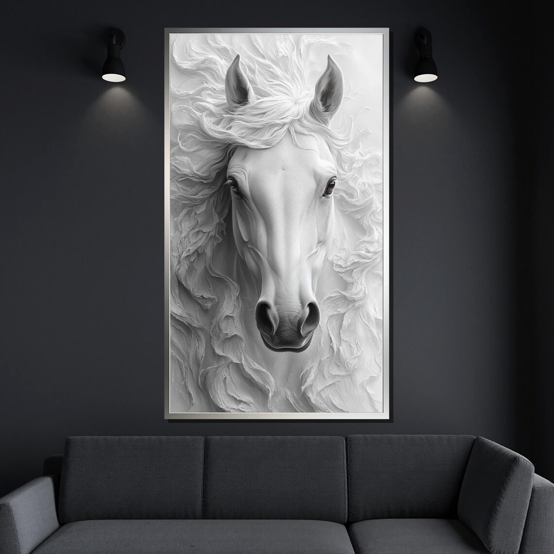 White Horse Elegant Monochrome Flowing Mane Equine Portrait Wall Art - Image 4