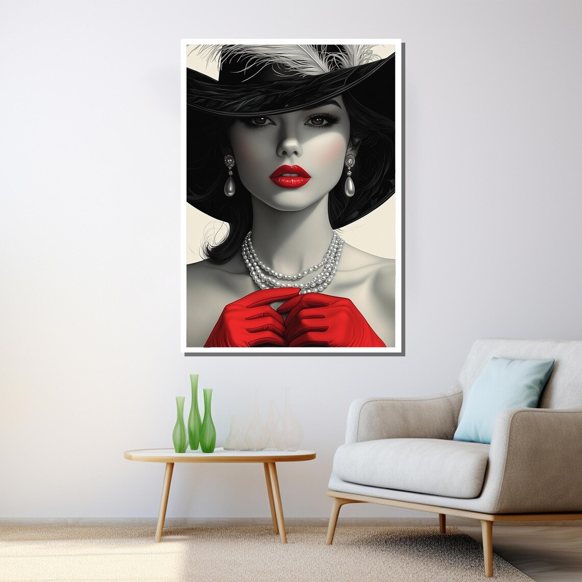 Elegant Woman Black Hat Red Lips Gloves Pearls Glamour Wall Poster - Image 3