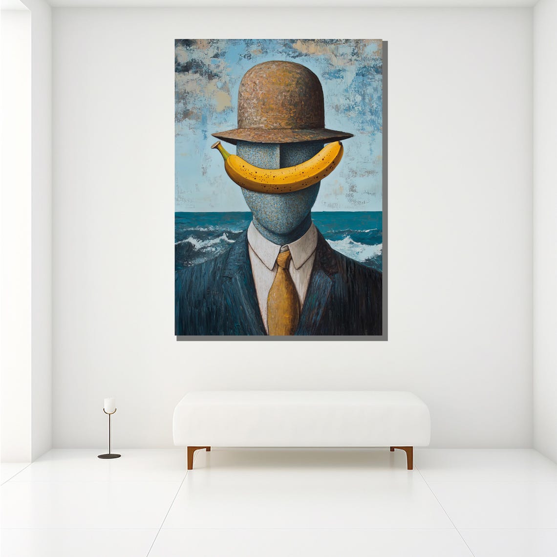 Bowler Hat Man With A Banana Smile By The Ocean Surreal Poster - Image 2
