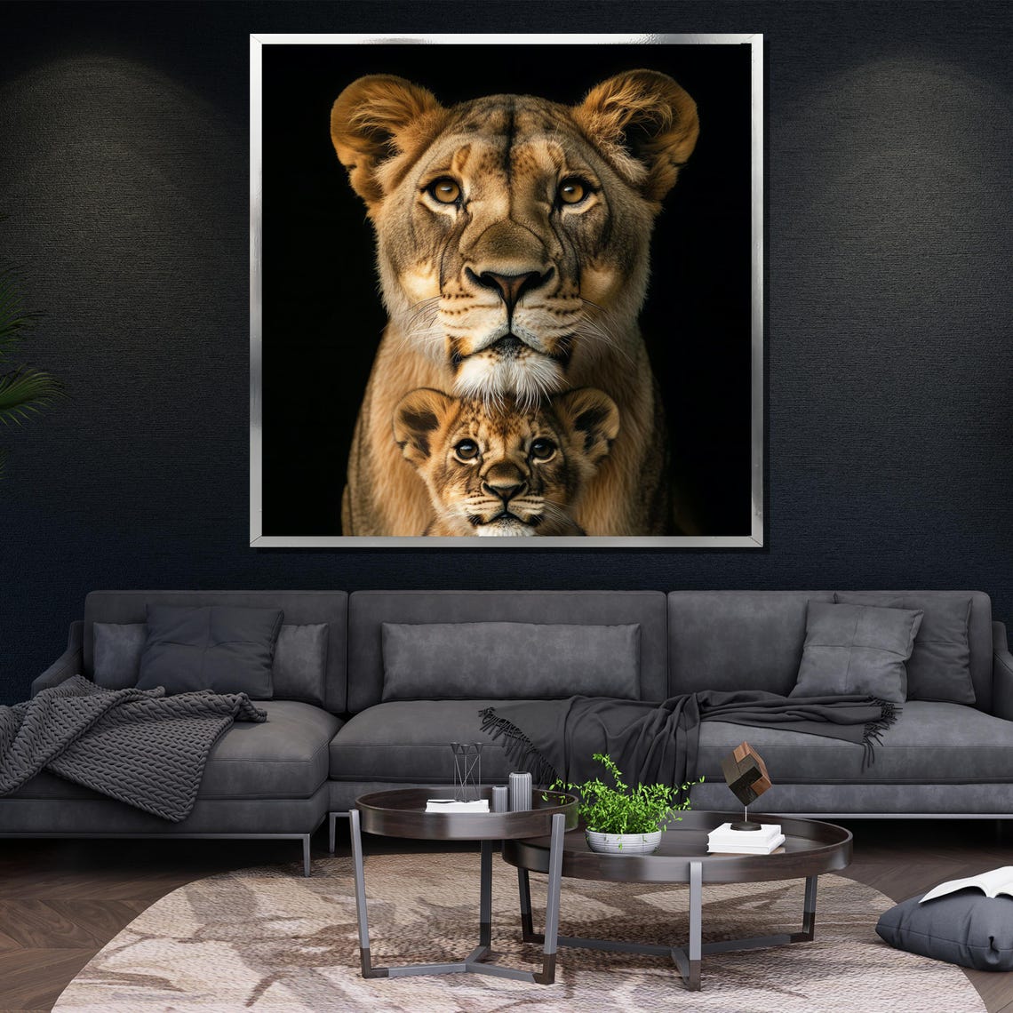 Lioness And Cub Front Pose Black Background Wildlife Art Poster - Image 4