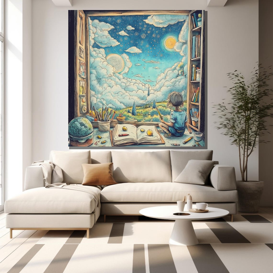 Child Gazing Out A Storybook Window At The Moonlit Night Sky Poster - Image 2