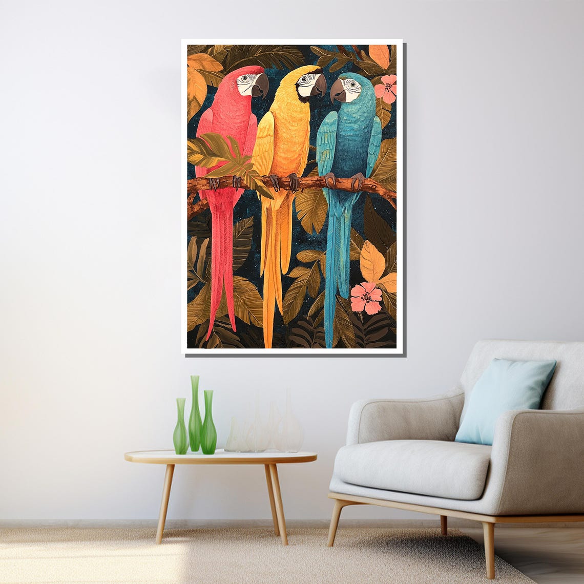 Three Macaws Colorful Parrots Tropical Jungle Bird Art Poster - Image 3