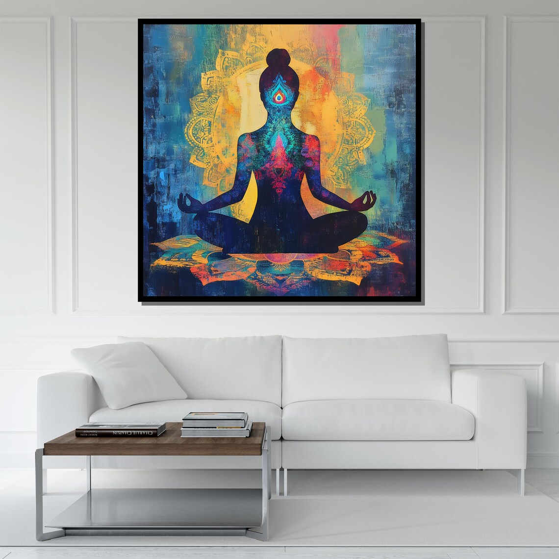 Meditating Woman Chakra Mandala Silhouette Vibrant Blue Orange Art Poster - Image 5