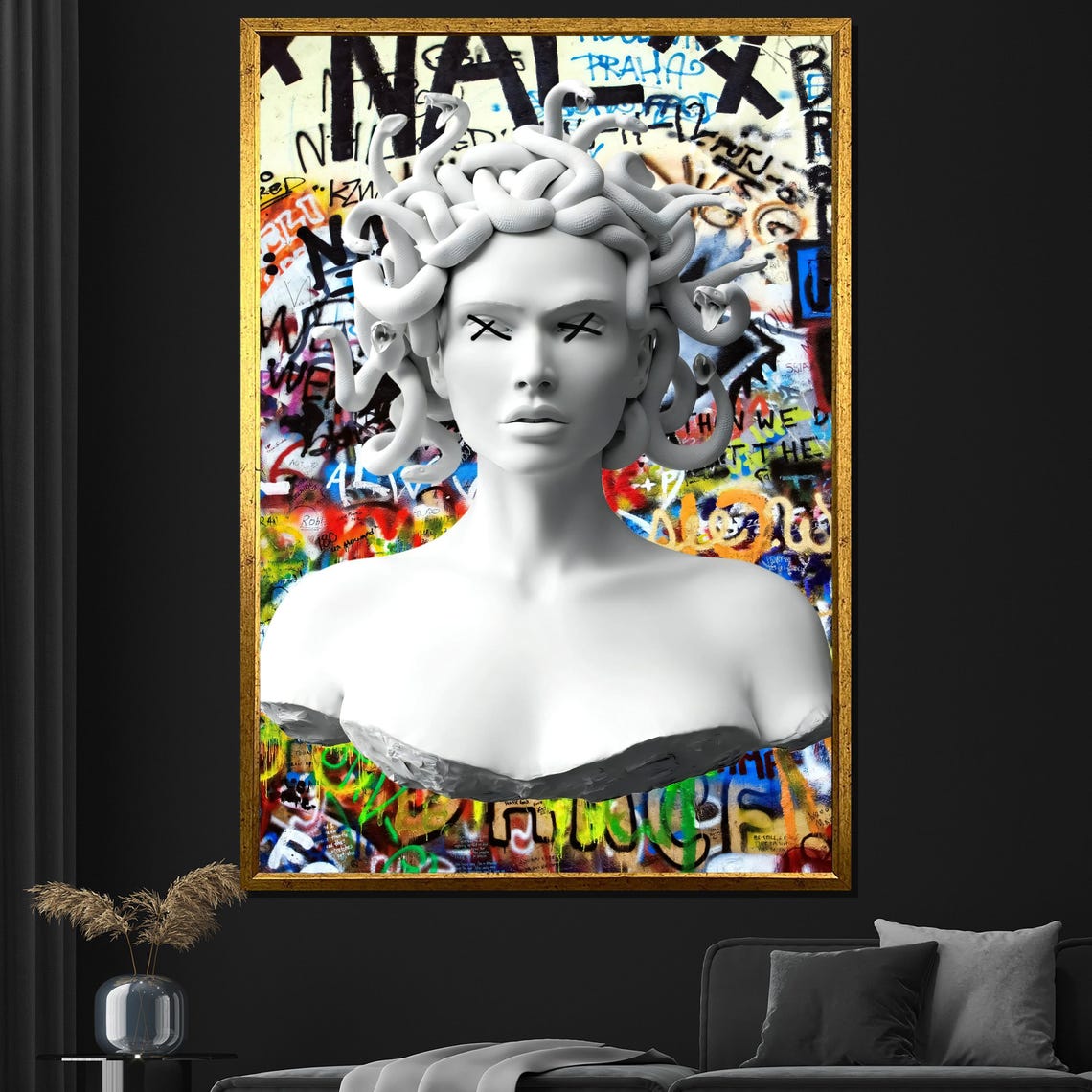 White Medusa Bust Statue Against Colorful Graffiti Wall Art Poster