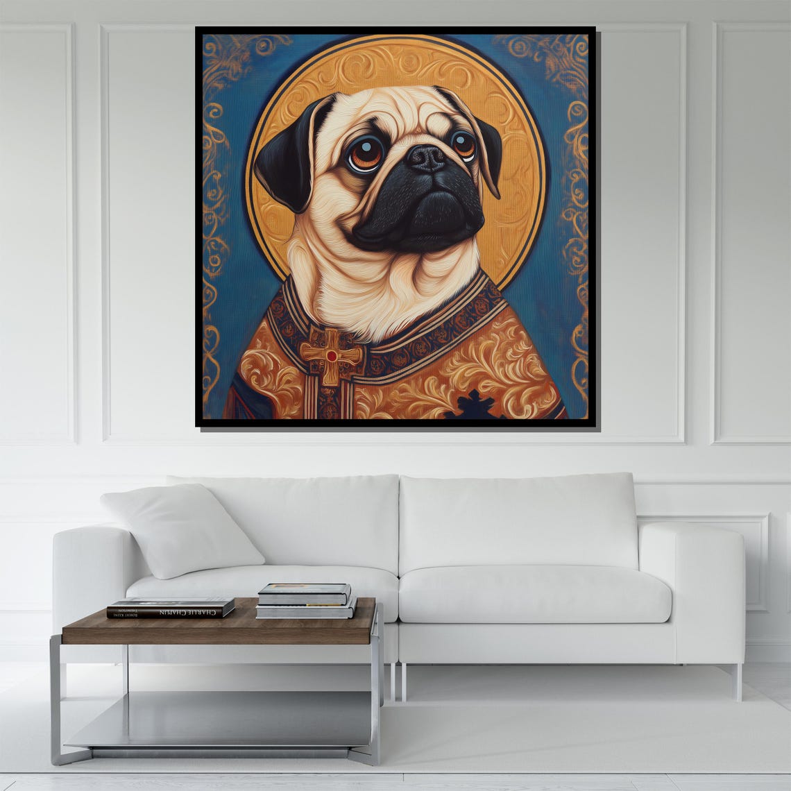 Pug Royal Portrait Golden Halo Whimsical Dog King Icon Wall Art - Image 5
