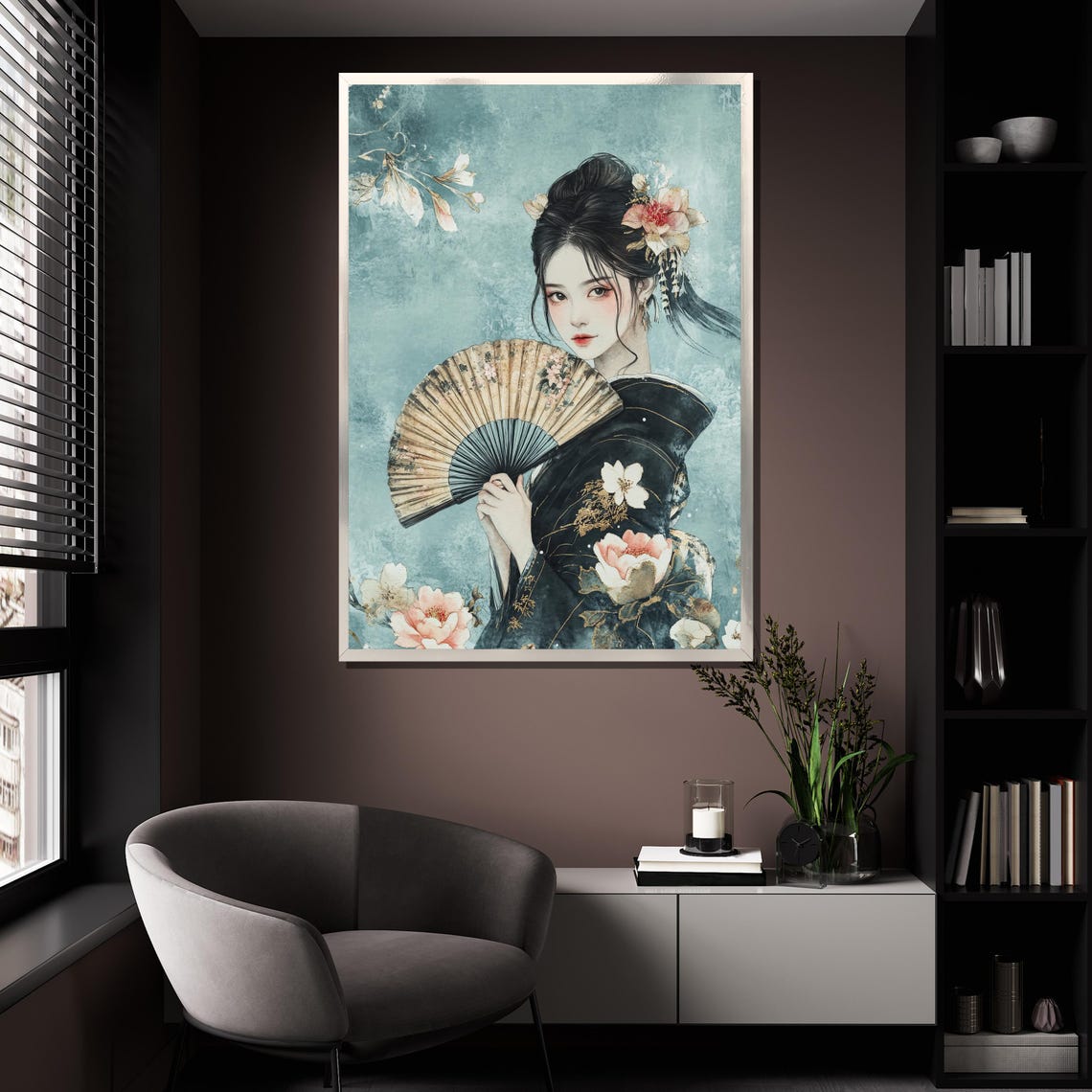 Elegant Geisha With Floral Fan Teal Watercolor Style Art Poster - Image 4