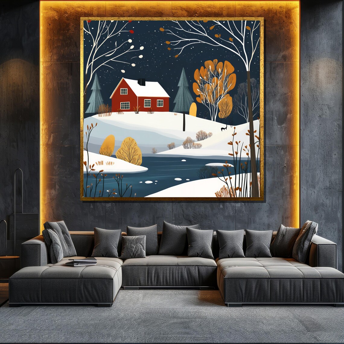 Winter Cottage Snowy Night Frozen Lake Cozy Holiday Cabin Wall Poster