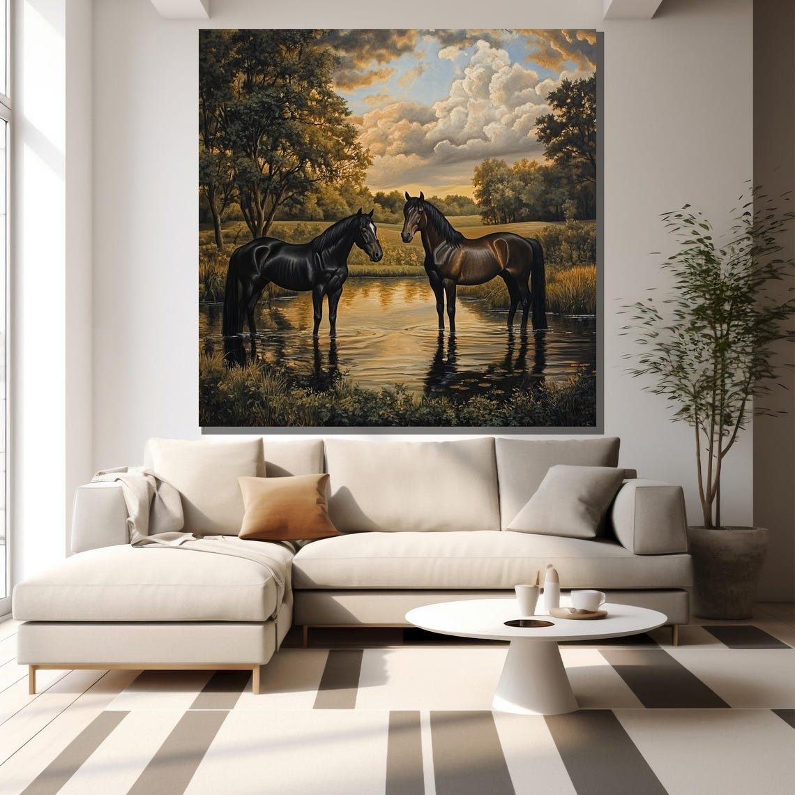 Two Horses Standing Stream Sunset Classical Equine Art Poster - Image 2